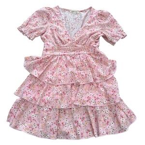 Inspired Hearts Pink Floral Tiered Mini Dress V-Neck Puff Sleeve 6FPPQ818R M